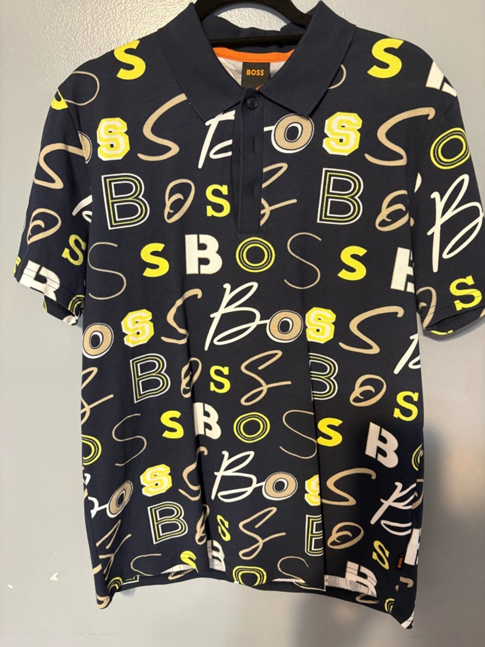 Boss Black Polo with Yellow and Cream Logo Pattern